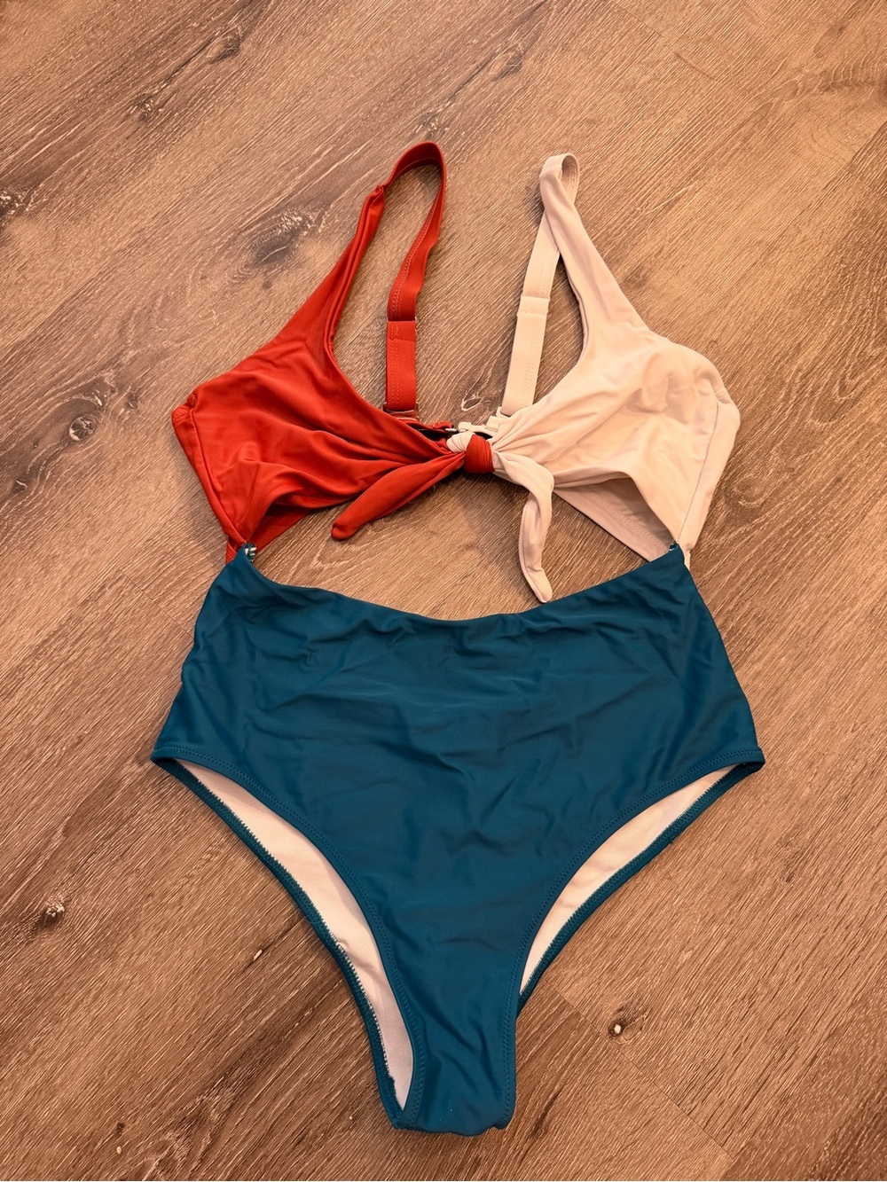 Colorblock High-Waist Bikini Set — burnt orange, Cream & Teal
